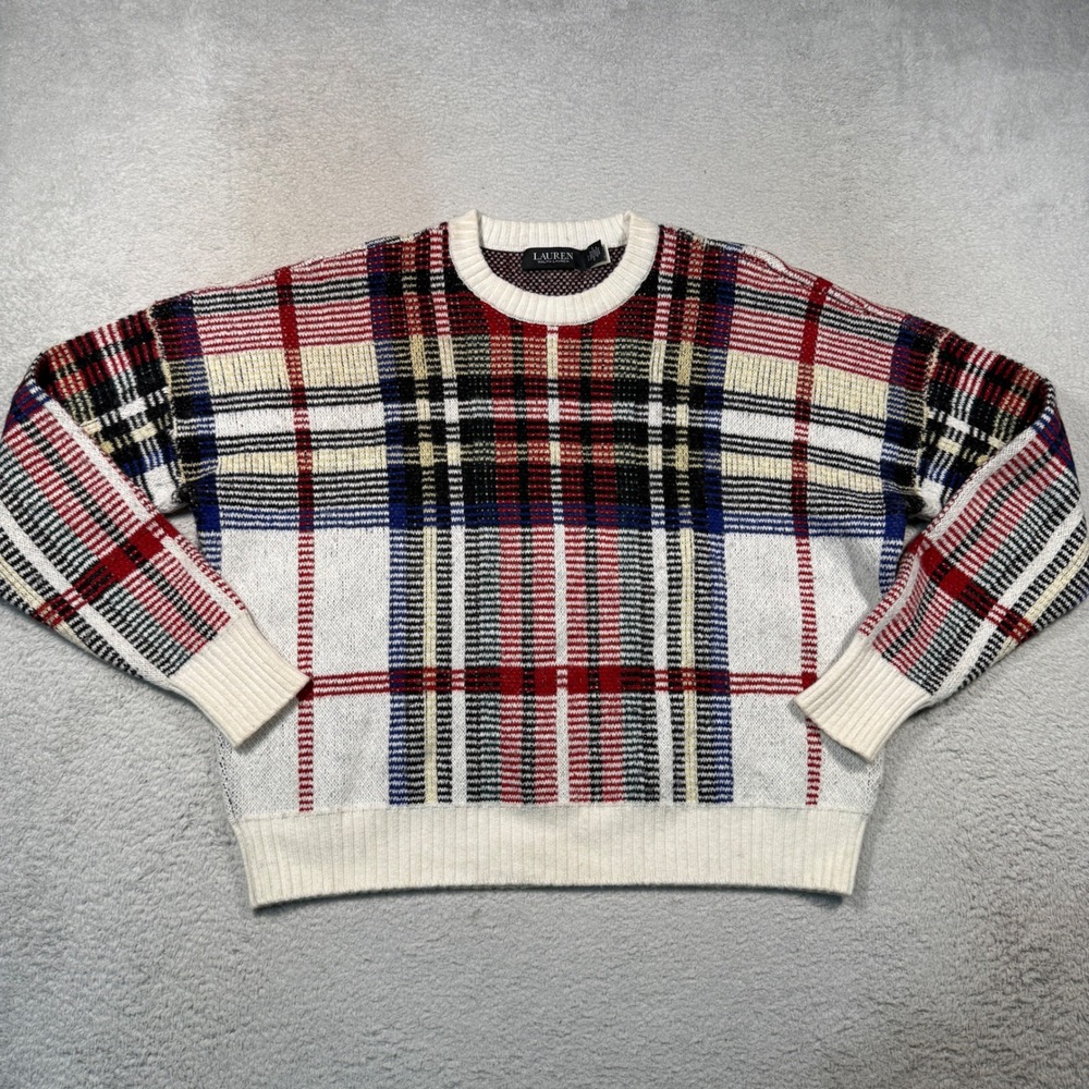 Lauren Ralph Lauren Sweater Women L Plaid Wool Blend Cashmere Relaxed Boxy LRL